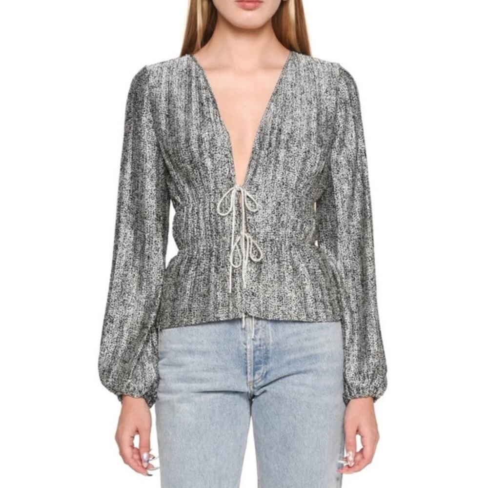 WAYF Payton Plunge Neck Rhinestone Tie Blouse Top Black White Animal Print Small